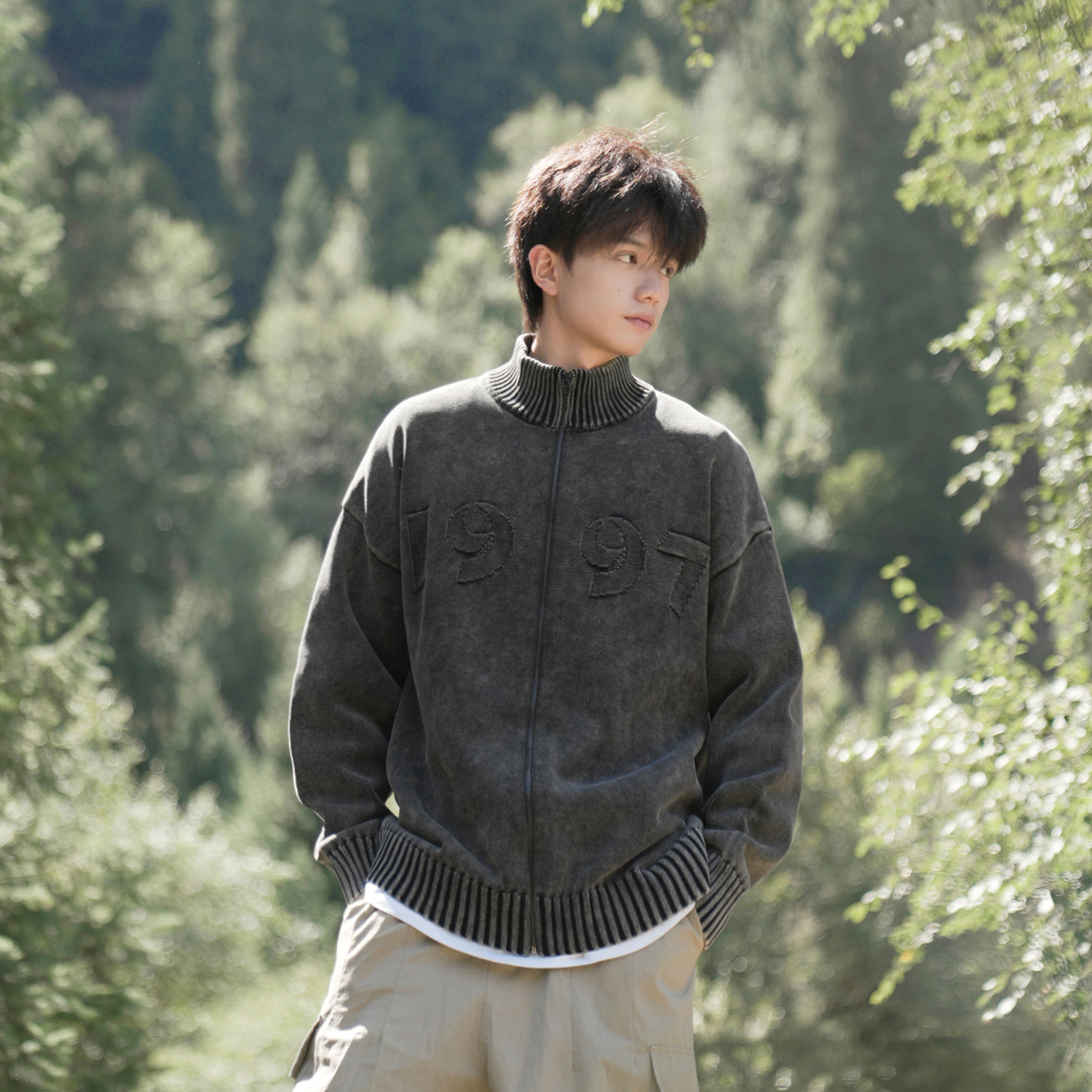 GOGOSOON外套男829g新款2025秋冬毛衣针织开衫做旧水洗美式立领潮