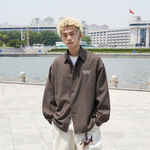 春秋百搭刺绣标语美式 衬衫 复古宽松慵懒Q 小格纹长袖 GOGOSOON男装