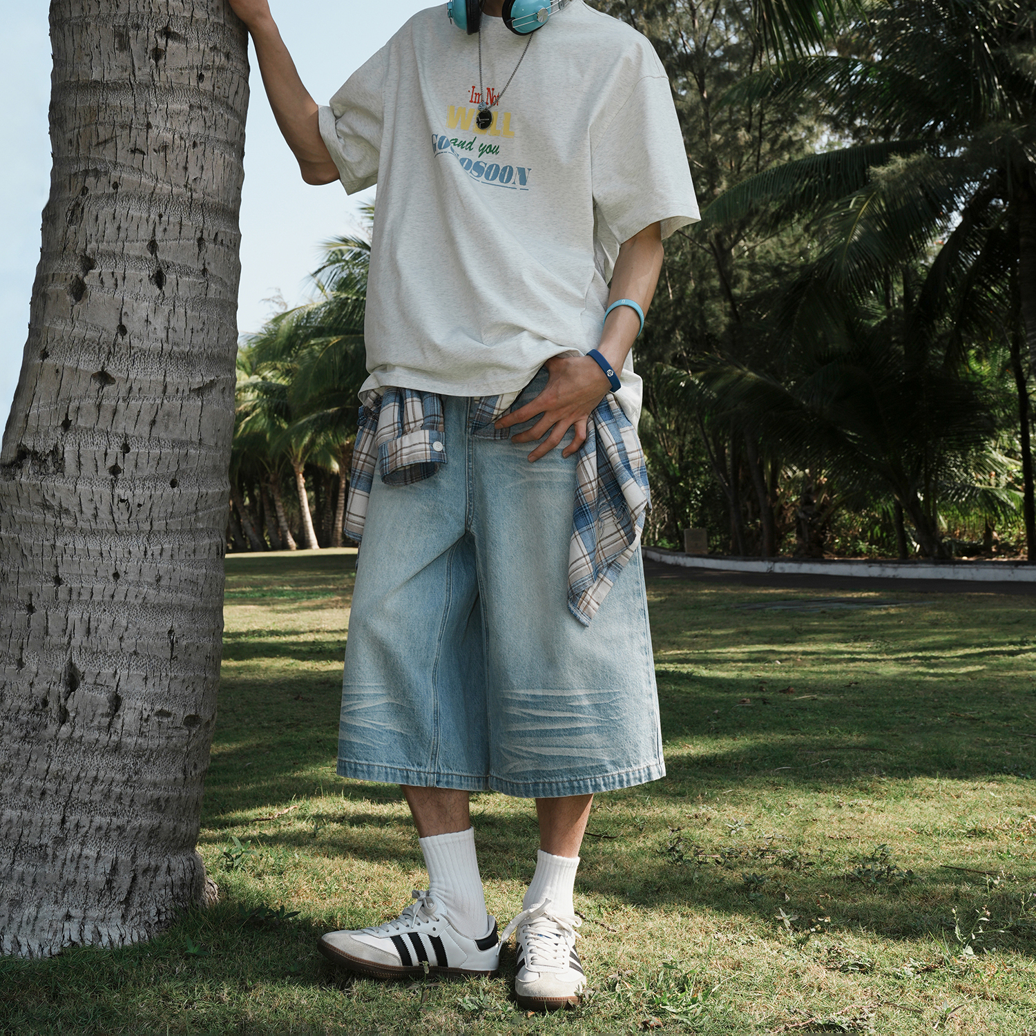 GOGOSOON夏季新款牛仔七分裤420g男生纯色宽松直筒裤百搭阔腿短裤