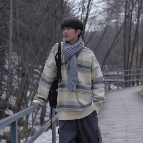 GOGOSOON加厚条纹毛衣男新款2025秋冬宽松复古撞色圆领套头青少年