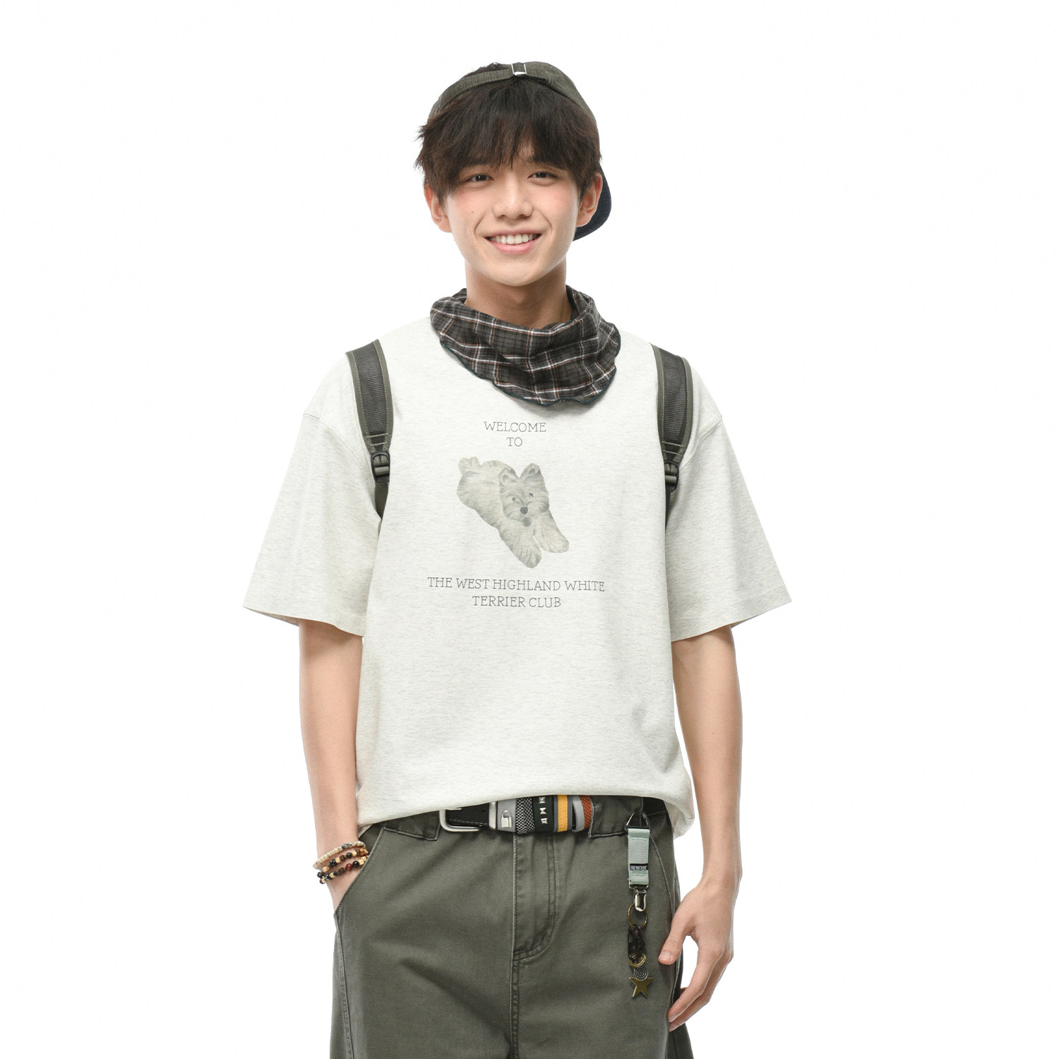 【海岛棉230g】男装西高地小狗印花短袖T恤宽松落肩半袖上衣夏季
