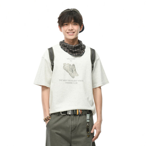 GOGOSOON 海岛棉230g 西高地小狗印花短袖T恤男宽松落肩半袖夏季