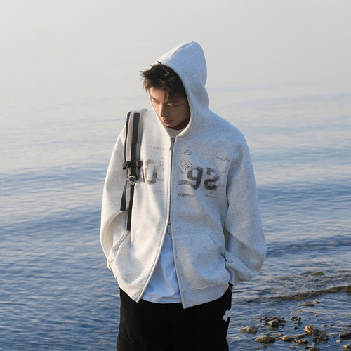 陈奕恒同款GOGOSOON卫衣男400g新款春秋双拉链美式外套做旧印花潮