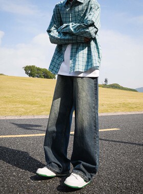 钎城同款GOGOSOON牛仔裤男新款2025春秋直筒宽松阔腿美式复古长裤