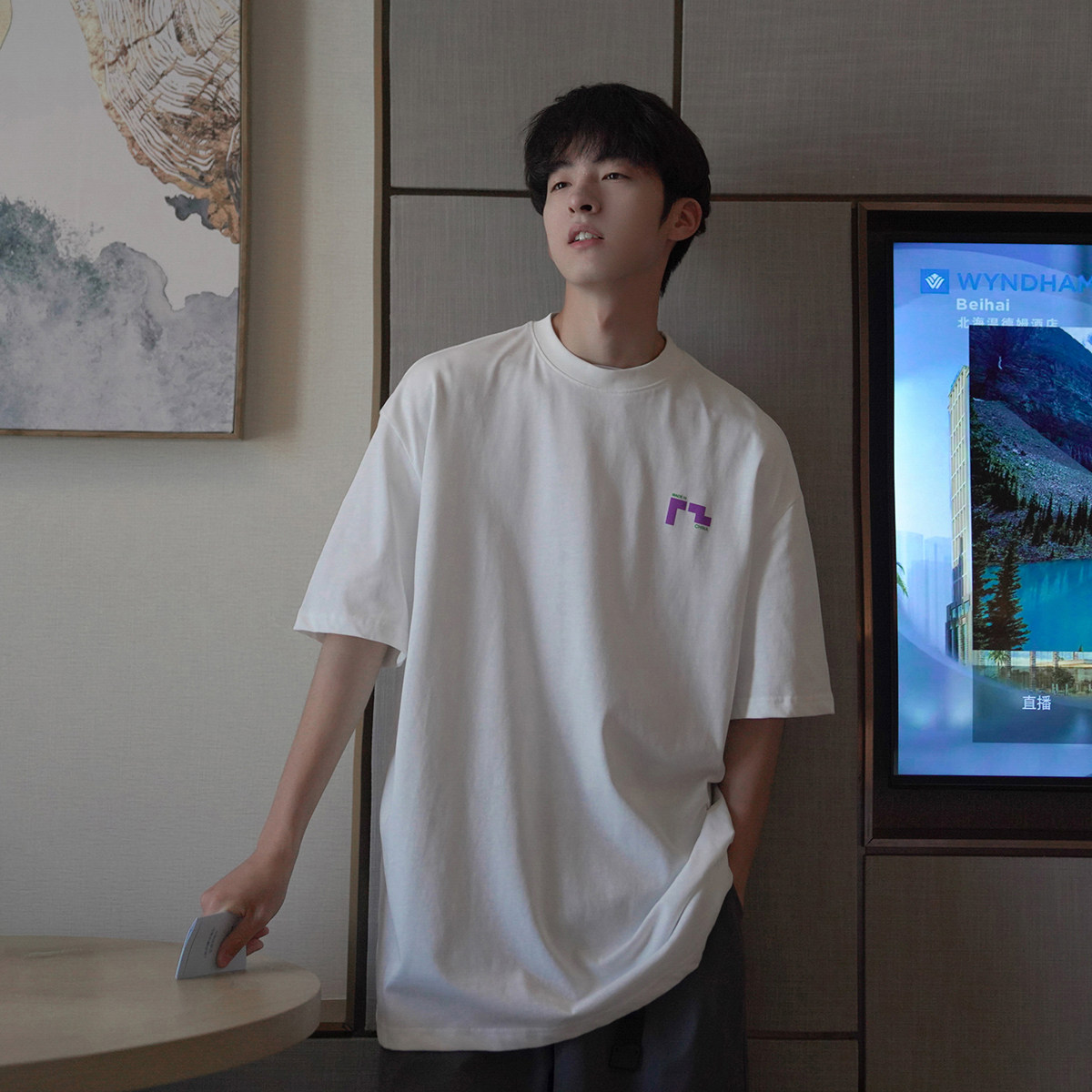 GOGOSOON夏季新款男士短袖T恤圆领宽松俄罗斯方块印花个性上衣潮