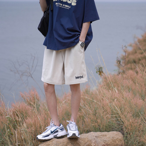 男装竖条纹肌理休闲短裤夏季直筒宽松刺绣抽绳松紧腰五分运动中裤