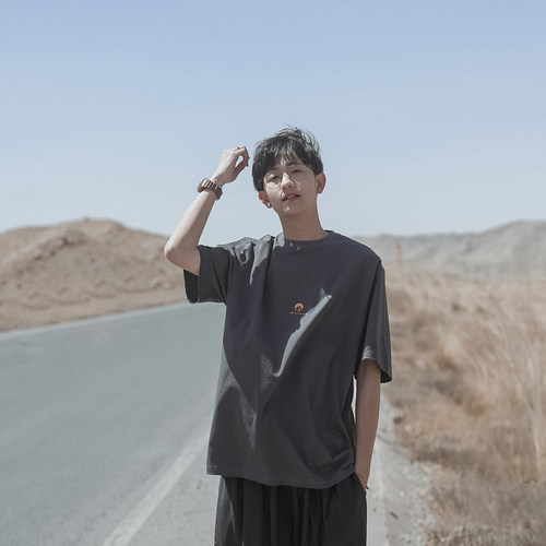 GOGOSOON 100%棉 宽松短袖T恤男夏简约山系印花美式百搭落肩半袖