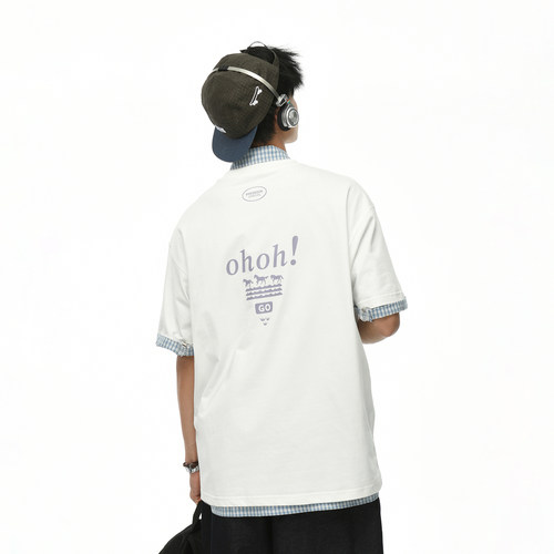 GOGOSOON 纳维亚240g 后背奔马波浪纹印花短袖T恤男宽松落肩夏季