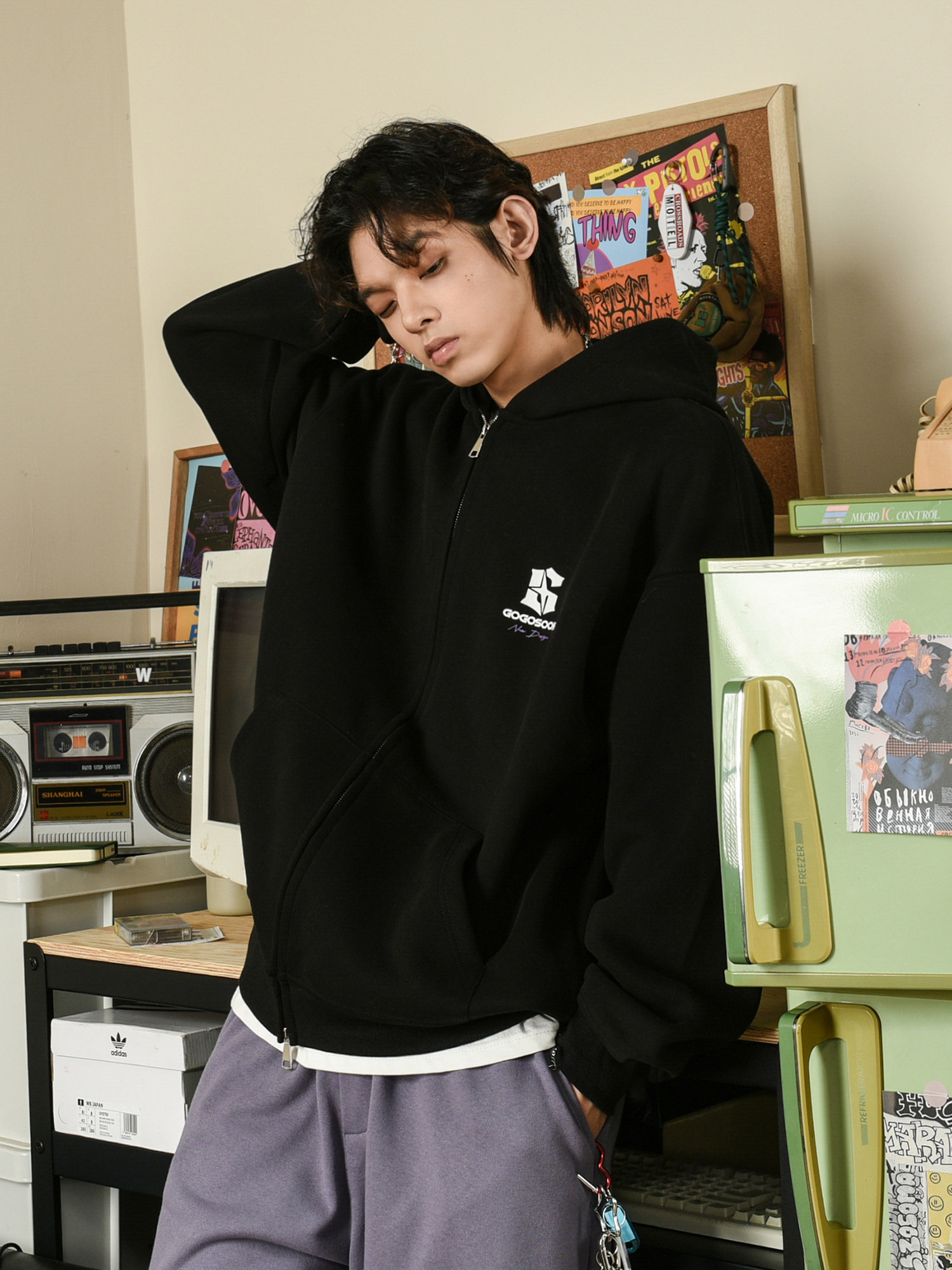 Gogosoon Tian Jiaruiと同じヘビーフード付きジャケットメンズ400g春秋ルーズユースダブルジッパースパーカー