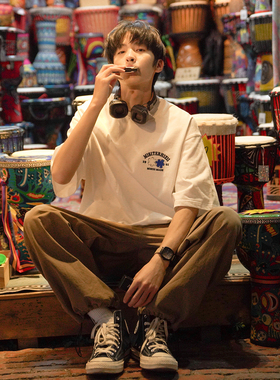 GOGOSOON短袖T恤男270g新款夏季日系纯棉宽松刺绣白色半袖松弛感