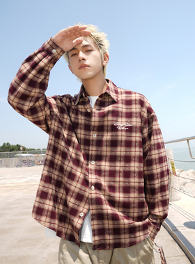 GOGOSOON长袖衬衫男280g新款春秋美式复古格子刺绣休闲衬衣外套Q