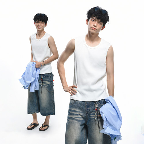 GOGOSOON 坑条罗纹260g肌理感宽松背心男夏季运动坎肩纯色无袖T恤