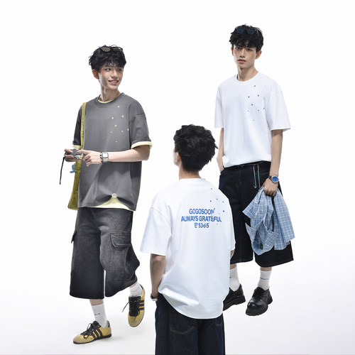 GOGOSOON 巴黎棉270g凉感短袖T恤男夏季星星胶印美式复古宽松休闲