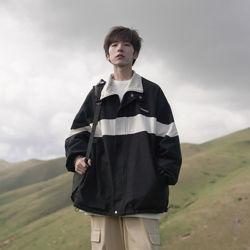 【100%棉】男装双面穿拼色外套夹克春秋青少年美式休闲高级感无帽