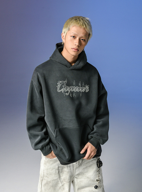 GOGOSOON秋季连帽卫衣400g重磅针织烫钻个性复古美式情侣上衣潮Q