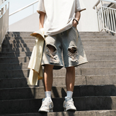 牛仔短裤 GOGOSOON夏季 新款 男420g直筒复古水洗做旧宽松破洞潮流Q