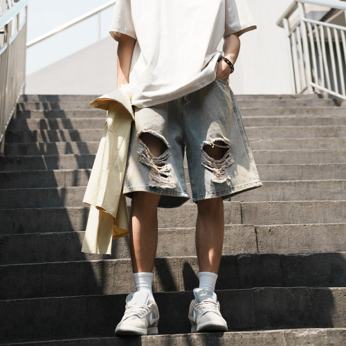 GOGOSOON夏季新款牛仔短裤男420g直筒复古水洗做旧宽松破洞潮流Q