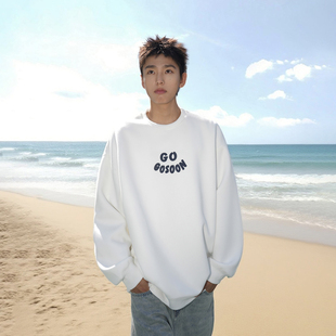 GOGOSOON卫衣男400g新款 春秋宽松白色休闲字母印花青少年套头上衣