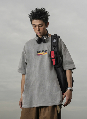 GOGOSOON短袖t恤男夏季280g男生重磅纯棉重工灰色宽松水洗半袖