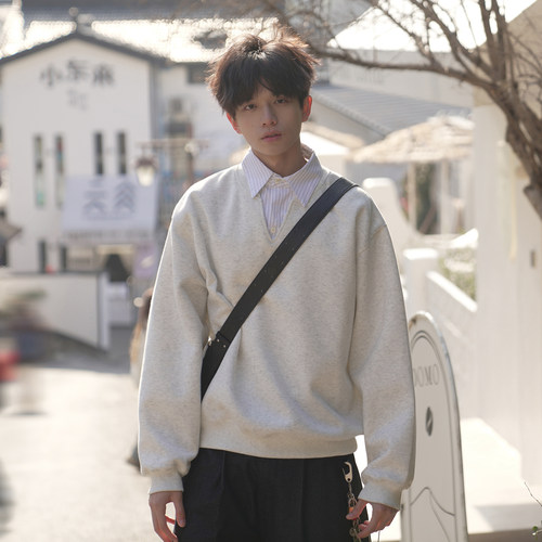 GOGOSOON男装假两件条纹衬衫领设计卫衣春秋青少年长袖带领衣服潮