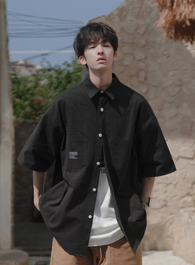 GOGOSOON短袖衬衫男230g新款夏季黑色轻奢高级感衬衣美式复古外套