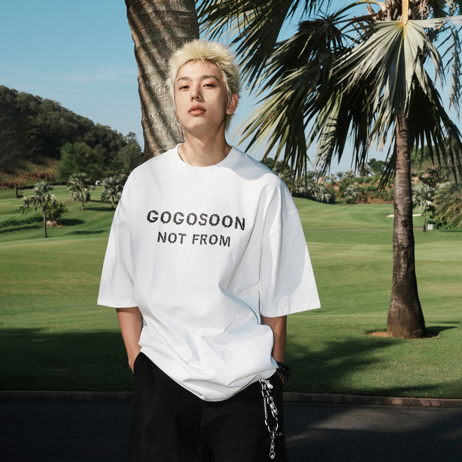 陈奕恒同款 GOGOSOON男生白色圆领全棉字母短袖T恤300g男装休闲Q