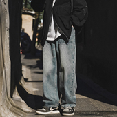 长裤 春秋新款 宽松阔腿做旧水洗 抽绳松紧腰直筒牛仔裤 GOGOSOON男装