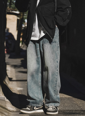 GOGOSOON牛仔裤男新款2025春秋抽绳直筒宽松阔腿松紧带长裤青少年