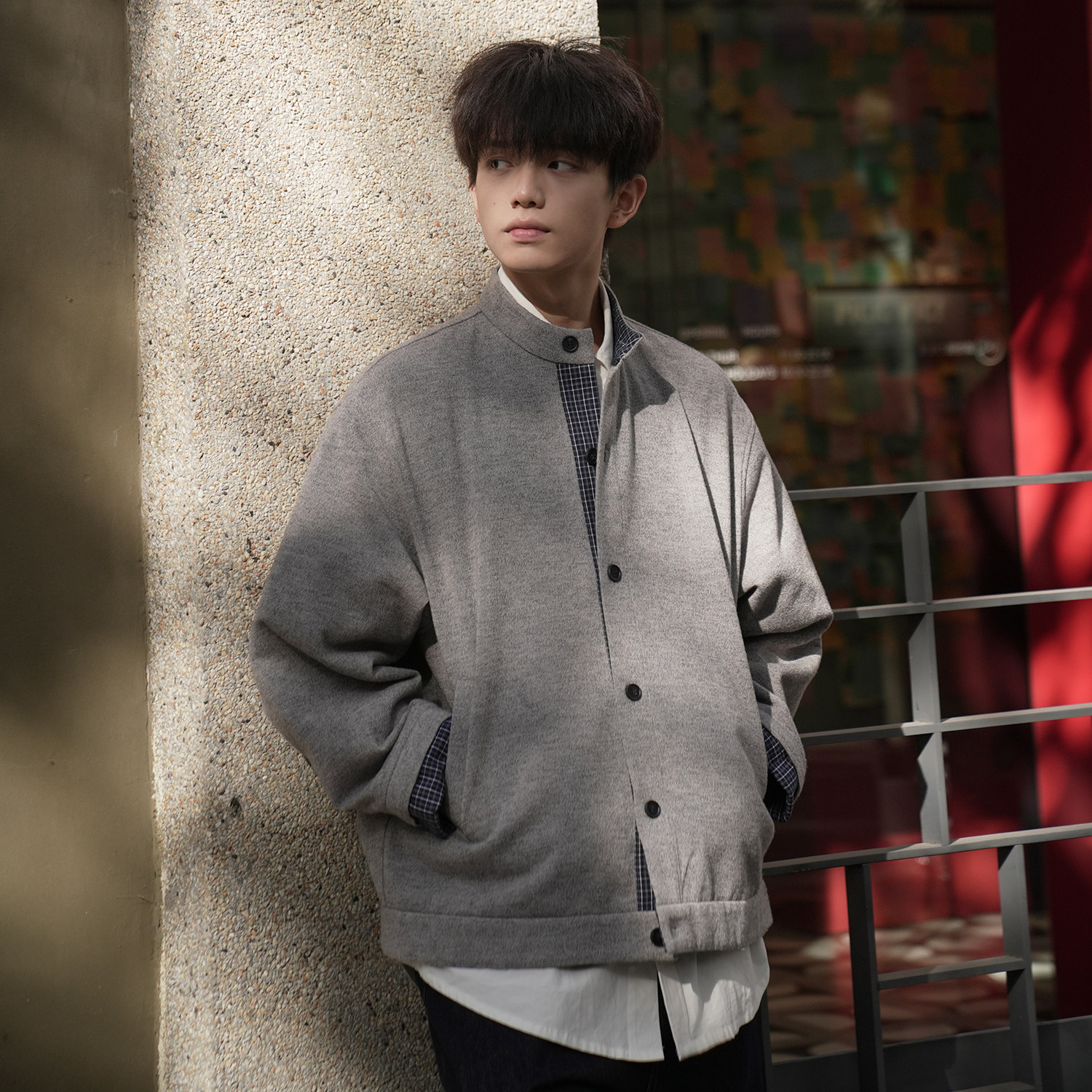 GOGOSOON假两件毛衣外套男2026新款春秋双色格子针织撞色老钱开衫