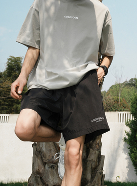 GOGOSOON夏季新款休闲裤短裤76g男防泼水字母印花松紧腰直筒宽松Q