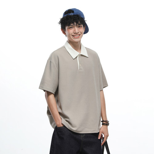 GOGOSOON 星际风暴280g 撞色假两件翻领宽松短袖Polo衫男T恤夏季