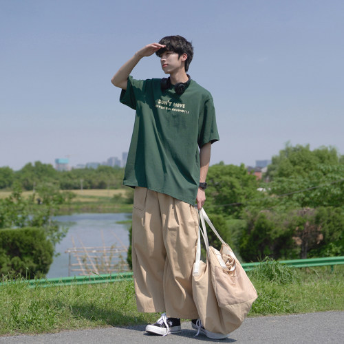 GOGOSOON短袖T恤男220g新款夏季绿色上衣青少年感圆领宽松半袖潮