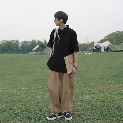 GOGOSOON 300g重磅宽松短袖Polo衫男夏季纯色百搭口袋翻领T恤上衣
