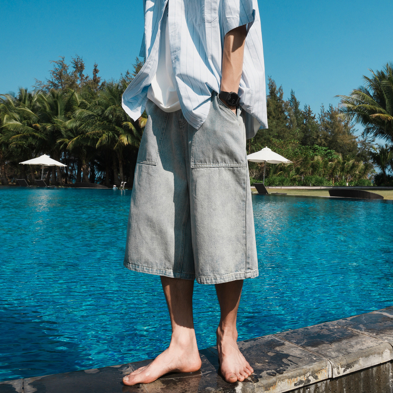 GOGOSOON夏季新款牛仔七分裤男420g做旧水洗高级显瘦工装潮流短裤,男装,牛仔裤,淘宝优惠券,粉丝福利购,淘宝优惠卷