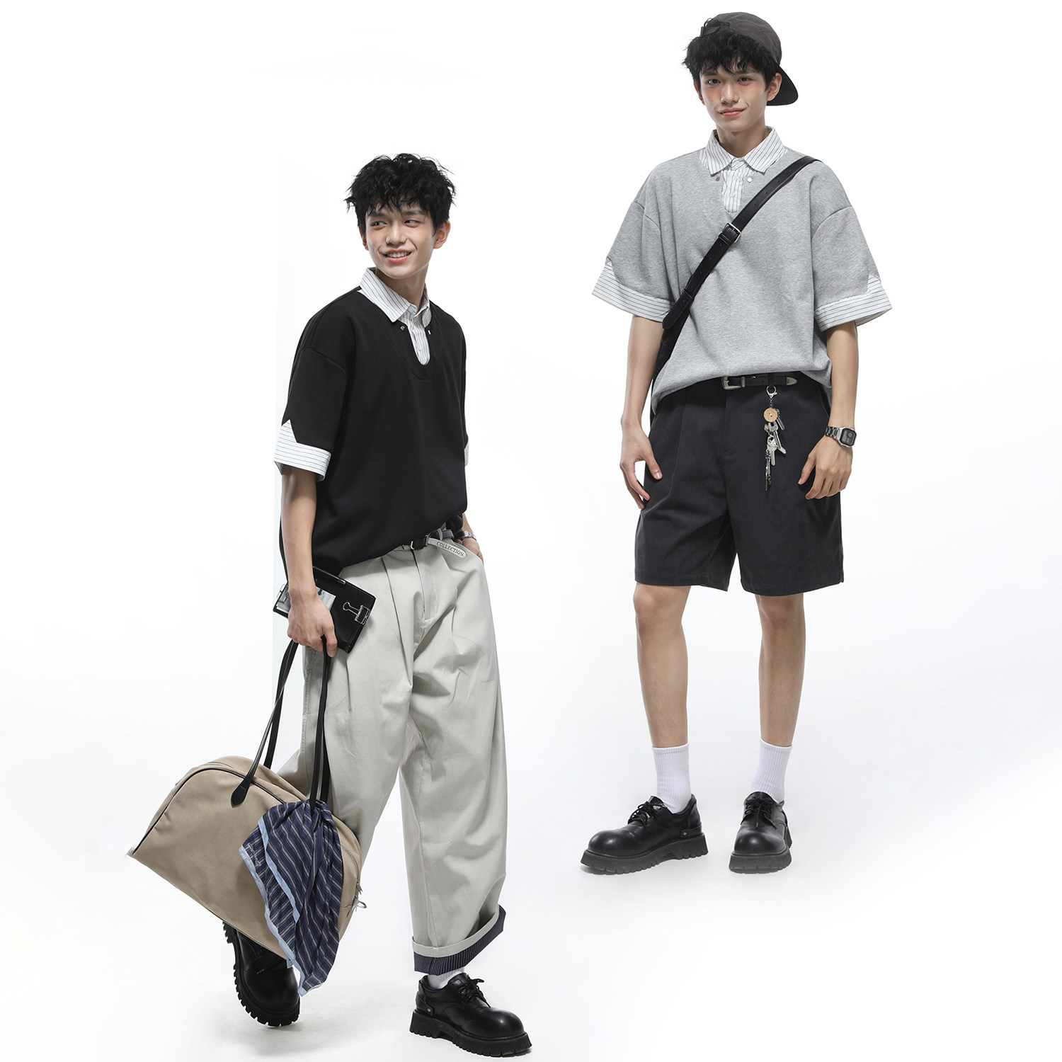 GOGOSOON 华棉260g 假两件短袖Polo衫男夏季条纹衬衫领拼接U领T恤 - 实物图