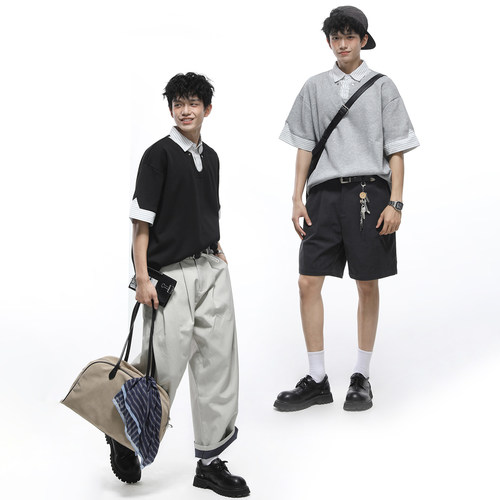 GOGOSOON 华棉260g 假两件条纹衬衫领拼接短袖Polo衫男U领T恤夏季