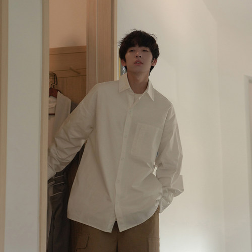 GOGOSOON 100%棉 白色长袖衬衫男春秋宽松休闲百搭少年感日系上衣