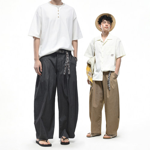 GOGOSOON 腰果花腰带工装长裤男 夏季日系复古宽松休闲裤阔腿裤子