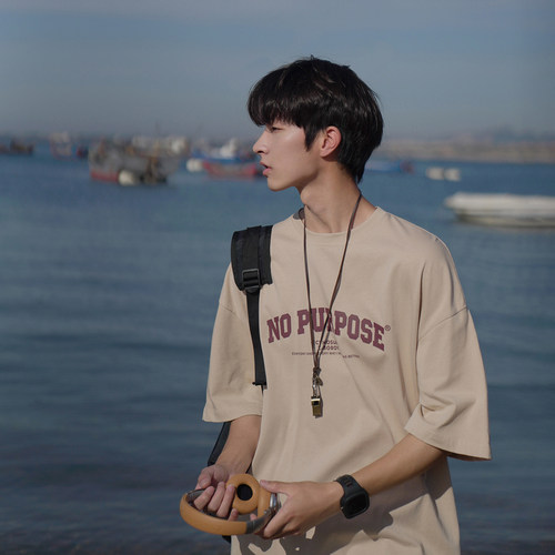 男装美式学院风字母印花短袖T恤夏季青少年宽松棉质学生百搭半袖