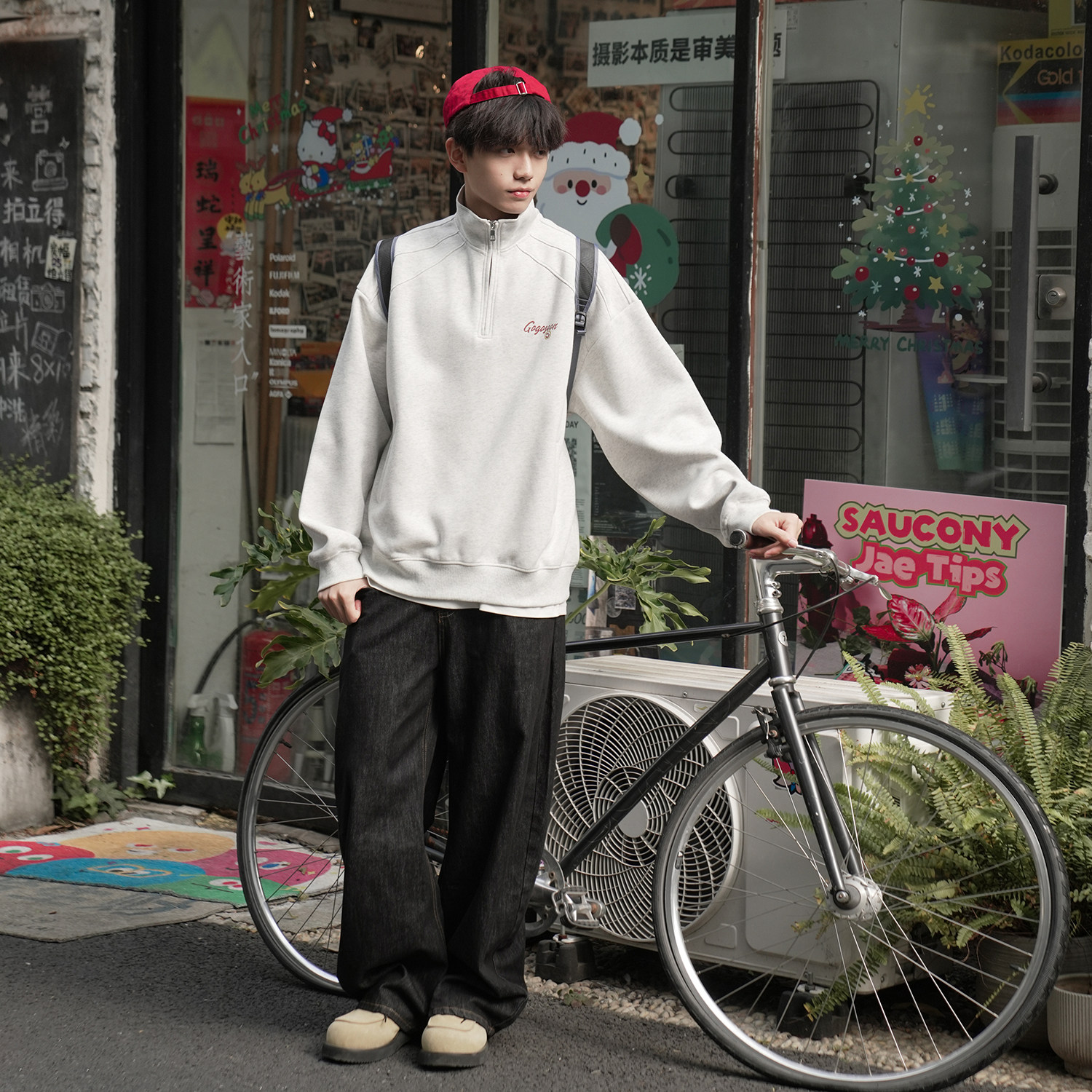 GOGOSOON笑脸印花半拉链立领卫衣男2026新款春秋宽松套头运动潮牌