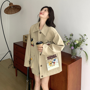 设计感米奇图案工装短外套女2025春秋季新款韩系宽松翻领夹克上衣图片