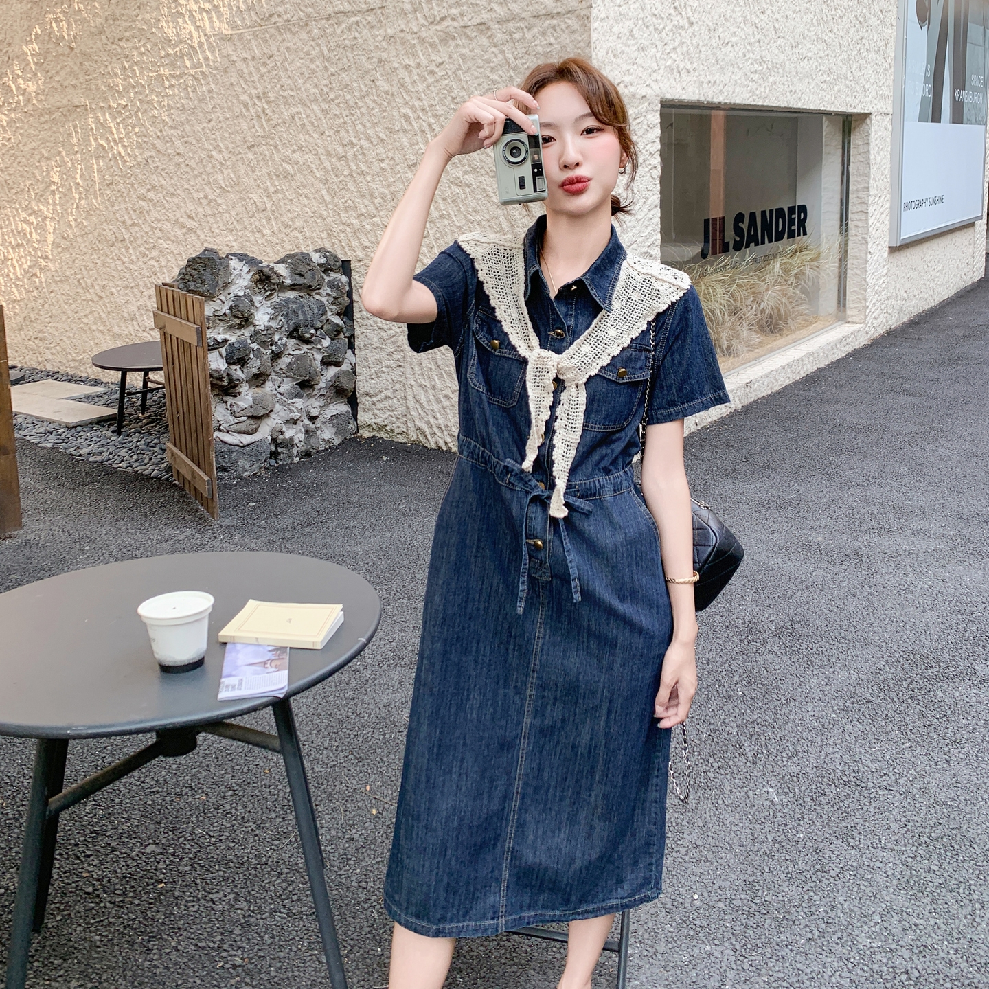 蓝色法式牛仔衬衫连衣裙女2025年夏季新款高级感气质收腰显瘦长裙，女装连衣裙，西子