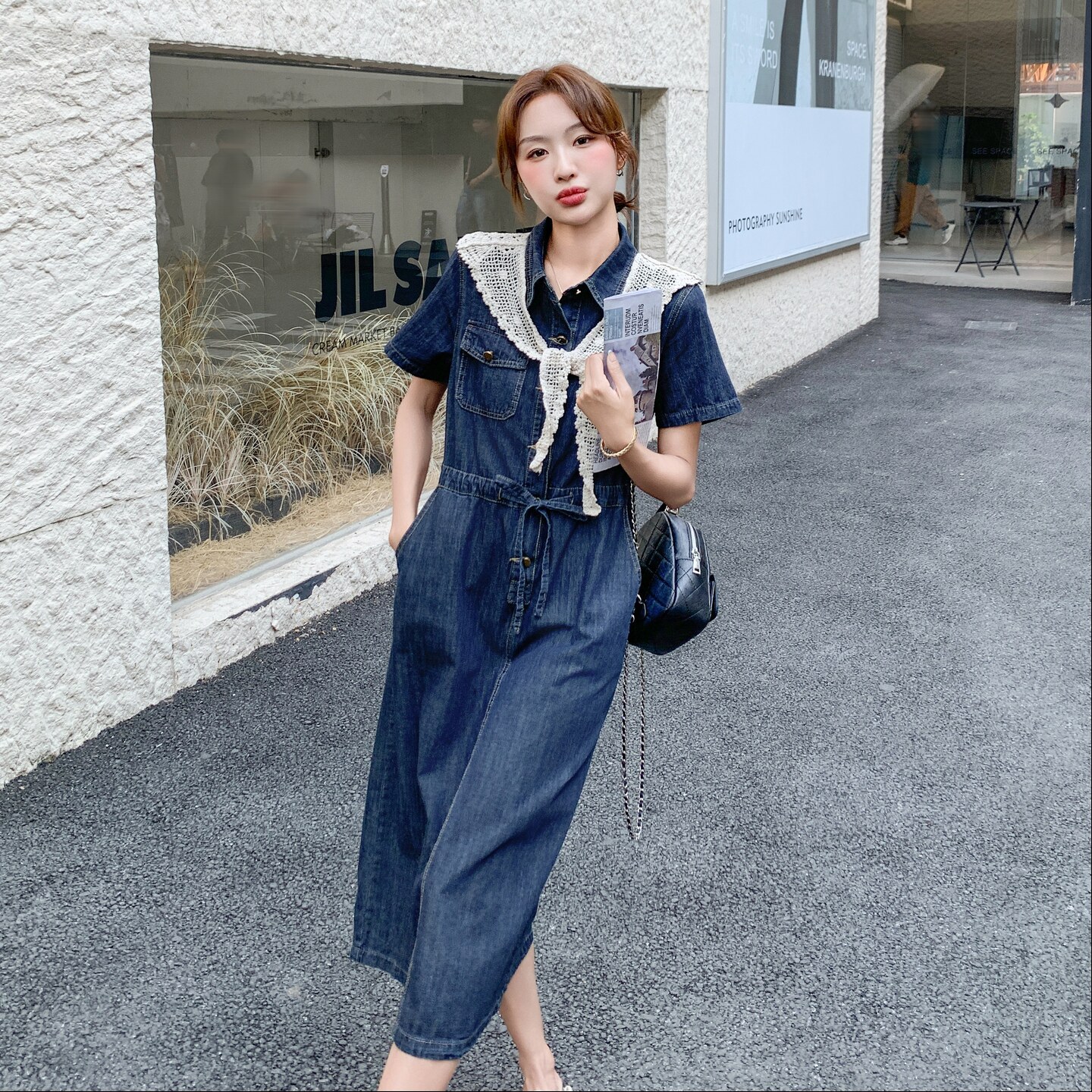 蓝色法式牛仔衬衫连衣裙女2025年夏季新款高级感气质收腰显瘦长裙,女装连衣裙,西子
