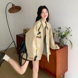 设计感米奇图案工装短外套女2025春秋季新款韩系宽松翻领夹克上衣，女装风衣，西子