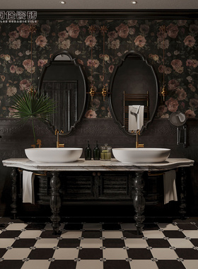 阿伦 黑彩玫瑰花砖 法式复古风瓷砖卫生间厨房300900浴室黑色墙砖