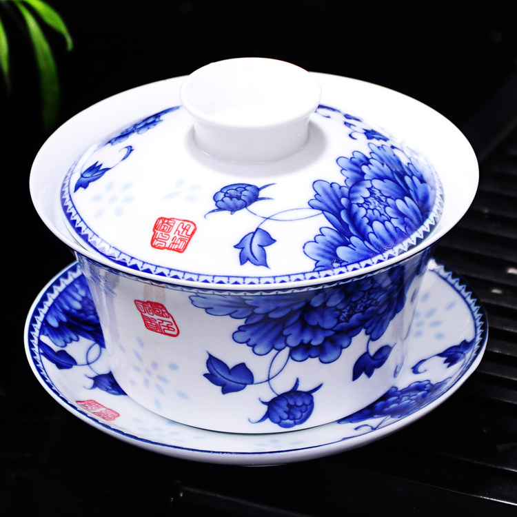 高档青花瓷盖碗景德镇三才杯 300ml茶碗陶瓷功夫茶具高白瓷大号