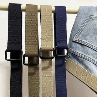 港风ins小众复古帆布皮带男女免打孔双环扣腰带休闲学生百搭编织