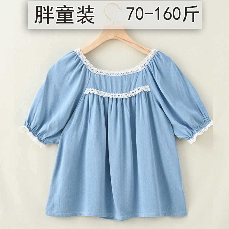 夏季韩版胖女童仿牛仔短袖衬衣宽松加肥宝宝泡泡袖学生娃娃装衬衫
