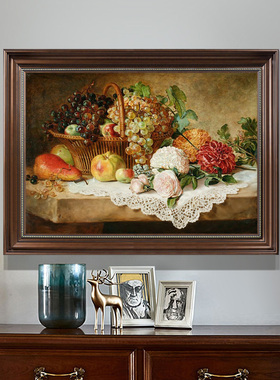 u作手绘油画静物花卉葡萄水果古典别墅欧式美式餐厅挂画装饰画