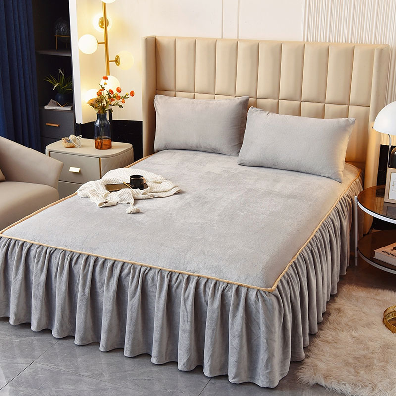 冬天防滑牛奶绒加厚保暖床罩床裙式床套单件床单床垫保护套三件套